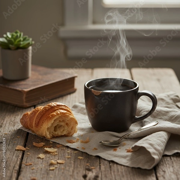 Fototapeta A steaming cup of coffee and a half-eaten croissant sit on a rustic wooden table. Steam rises slowly from the cup, and crumbs of the croissant are scattered across the table.