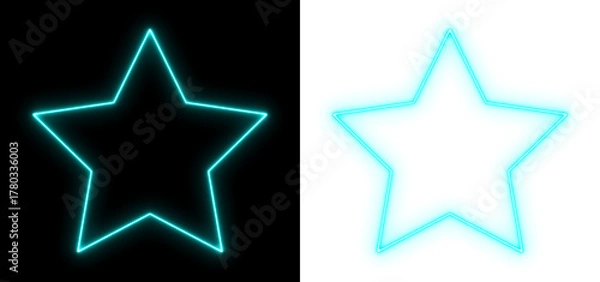 Fototapeta Glowing cyan neon star on black and transparent background, bright luminous shape, futuristic minimal light art design