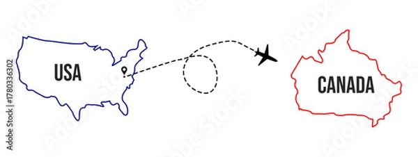 Obraz Air plane flight route curve line path from USA to Canada