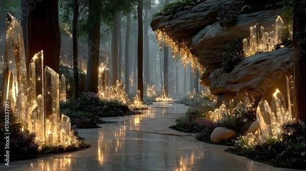 Fototapeta Crystals in a forest, emphasizing nature's wonder, artistry, and ethereal atmosphere.