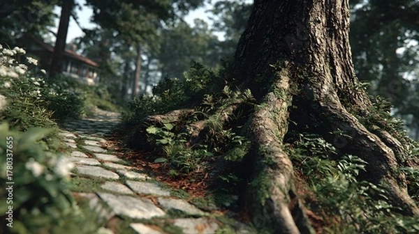 Fototapeta A forest path with tree roots, highlighting nature's tranquility, growth, and scenic detail.