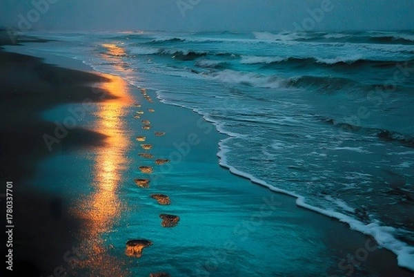 Fototapeta A beach with footprints and wave reflections, emphasizing coastal beauty, tranquility, and personal journey.