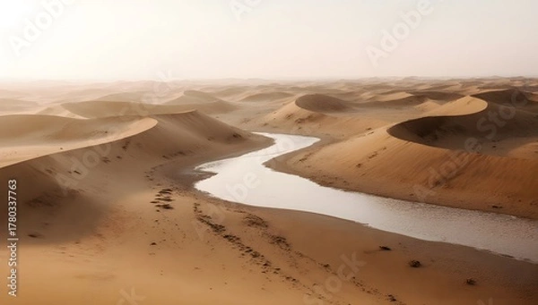 Fototapeta A desert landscape with a winding river, highlighting nature's contrast, tranquility, and scenic beauty.