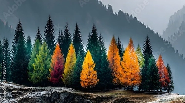 Fototapeta A mountainous landscape with autumn trees, showcasing nature's seasonal beauty and scenic diversity.