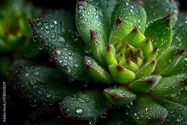 Fototapeta A succulent with water droplets, emphasizing nature's detail, freshness, and botanical beauty.