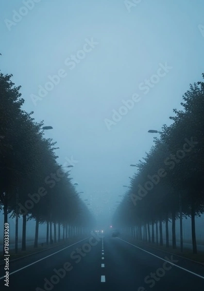Fototapeta A foggy morning road surrounded by trees with soft natural blur and muted tones, evoking calm and mystery.