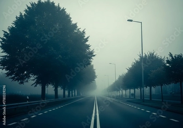 Fototapeta A foggy morning road surrounded by trees with soft natural blur and muted tones, evoking calm and mystery.
