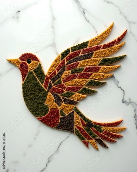 Obraz Natural Materials Mosaic Collection:  Spice Bird Mosaic. Geometric Design on Marble Background