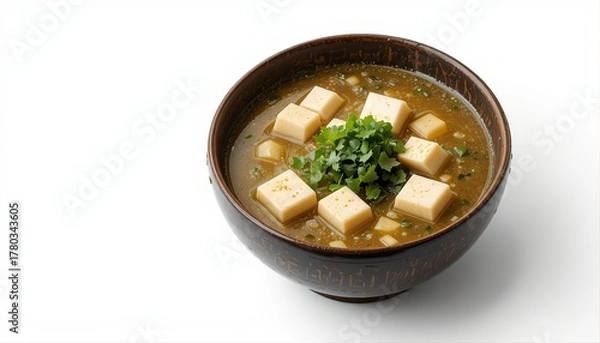 Obraz Bowl of Japanese miso soup with tofu cubes and seaweed, isolated on white background