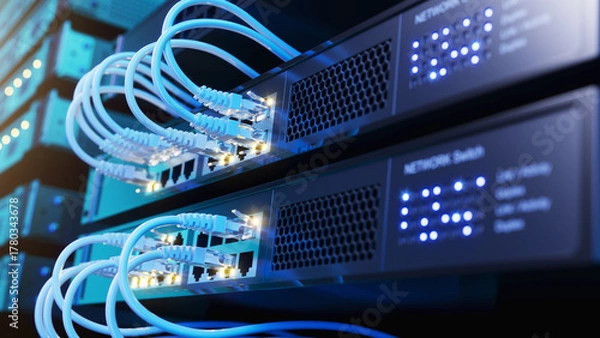 Obraz Network switch and network cables in modern server room data center