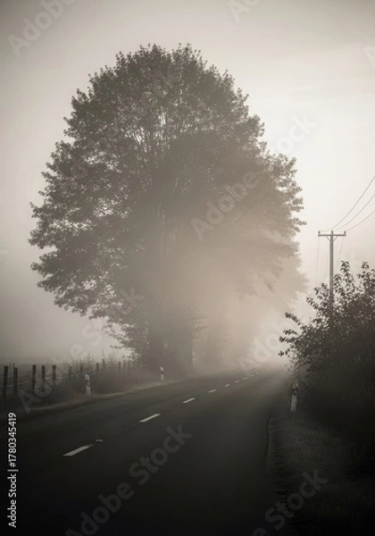 Obraz A foggy morning road surrounded by trees with soft natural blur and muted tones, evoking calm and mystery.
