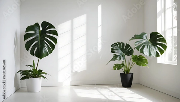 Fototapeta Contemporary studio composition featuring everyday object and crisp sunlight, elegant shadows across wall and floor, soft gradient background, copy-space friendly