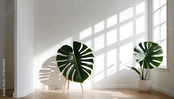 Fototapeta Modern lifestyle vignette in moody daylight, refined textures, architectural window shadow, serene tone for branding, poster, magazine cover or social campaign