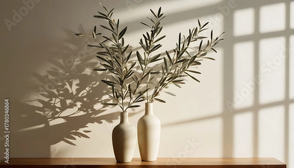 Fototapeta Artistic product staging with cinematic lighting, high-contrast shadow play, calm palette and spacious negative space, ready for advertising or web hero banner