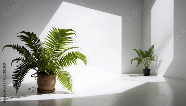 Fototapeta Modern lifestyle vignette in moody daylight, refined textures, architectural window shadow, serene tone for branding, poster, magazine cover or social campaign