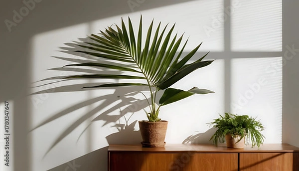 Fototapeta Modern lifestyle vignette in moody daylight, refined textures, architectural window shadow, serene tone for branding, poster, magazine cover or social campaign