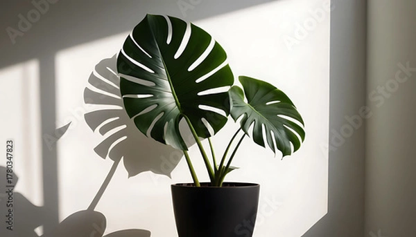 Fototapeta Minimalist still life scene with clean modern aesthetic, dramatic window shadows and warm natural light on neutral wall, editorial-style product backdrop