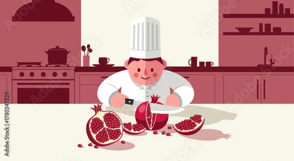 Fototapeta Chef Prepares Fresh Pomegranate Fruit in a Kitchen Setting Depicting Culinary Arts