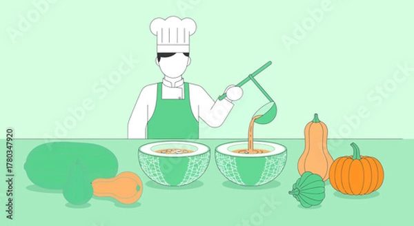 Fototapeta Chef Preparing Gourmet Soup Inside Cantaloupe, Fresh Vegetables, Healthy Food Concept