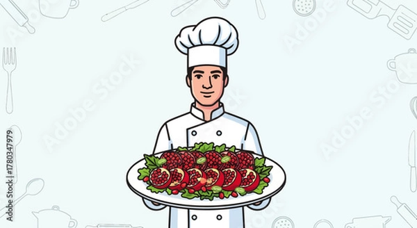 Fototapeta Chef Presenting Garnished Pomegranate Dish with Culinary Tools Outline for Presentation