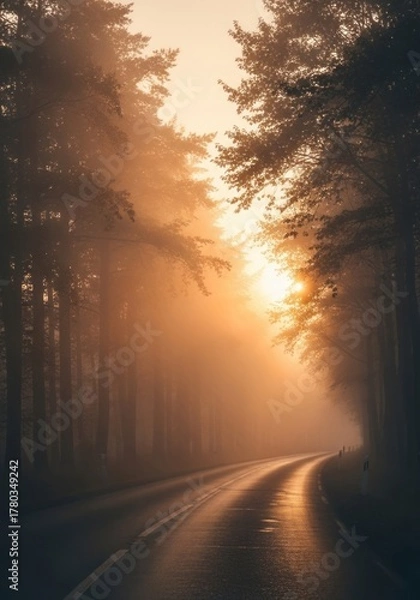Fototapeta A foggy morning road surrounded by trees with soft natural blur and muted tones, evoking calm and mystery.