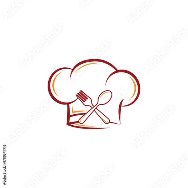 Obraz A food logo and Chefs hat with crossed fork and spoon, symbolizing culinary expertise and gastronomy