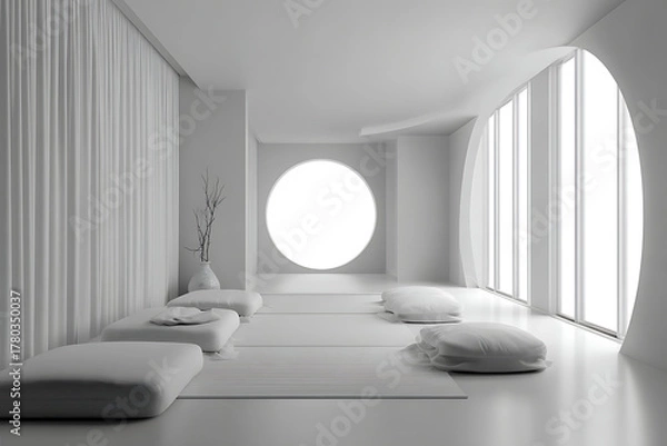 Fototapeta Simple Monochromatic Meditation Room for Elegant Minimalism Apps, Subtle and Elegant Gatherings. Color Theme and Style: Gentle Monochromes, Simple and Elegant Style.