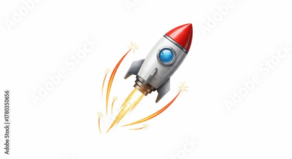 Fototapeta Illustrative depiction of a sleek, silver rocket ship with fins, ascending rapidly with orange and yellow flames spewing from its base against a white background, symbolizing speed and progress