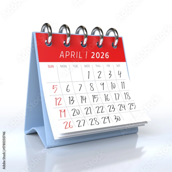 Fototapeta Desktop calendar showing April 2026 isolated on white background