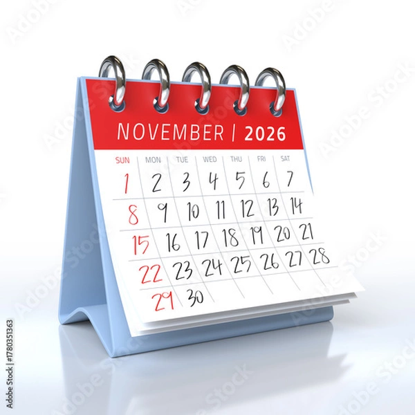 Fototapeta Desktop calendar showing November 2026 isolated on white background