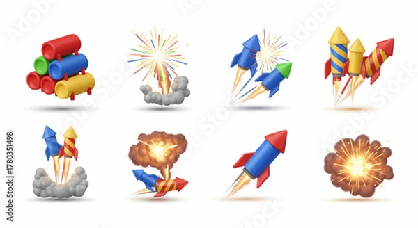 Fototapeta Dynamic 3D Icon Set Featuring Festive Fireworks, Rockets, and Explosions for Celebration Design and Event Promotion Assets