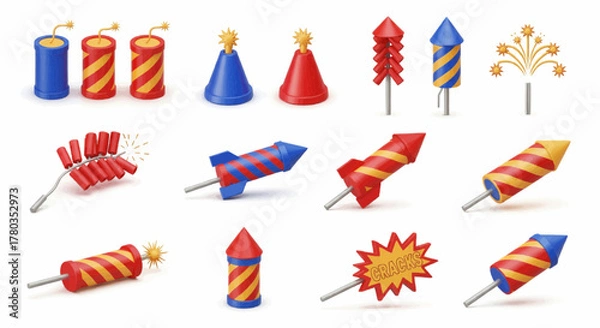 Fototapeta Festive Fireworks and Party Hats A Colorful Celebration Icon Set for Design and Decoration