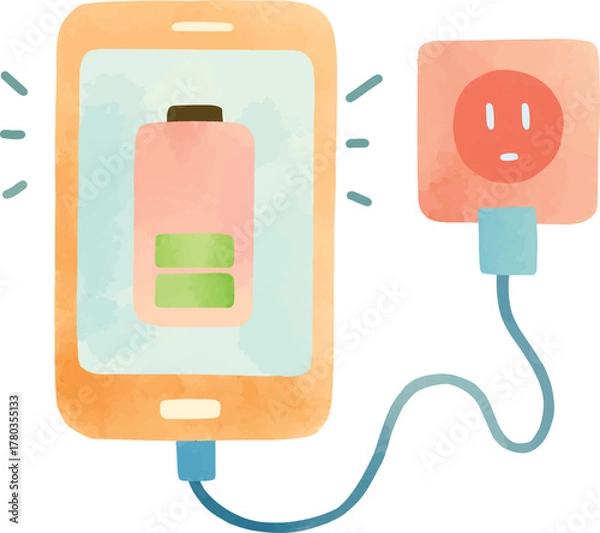 Fototapeta Illustration of phone charging in watercolor style. Clip art vector isolated of phone with cable charging cartoon for asset, design, object, icon