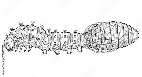 Obraz Detailed illustration of a caterpillar and its chrysalis on white background