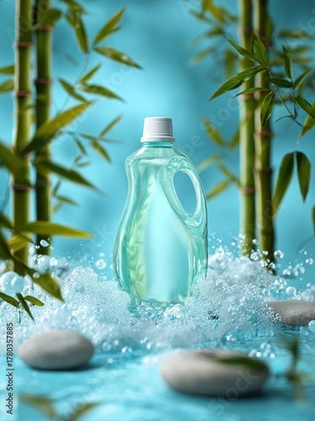Obraz Eco-friendly laundry detergent bottle with bamboo and bubbles