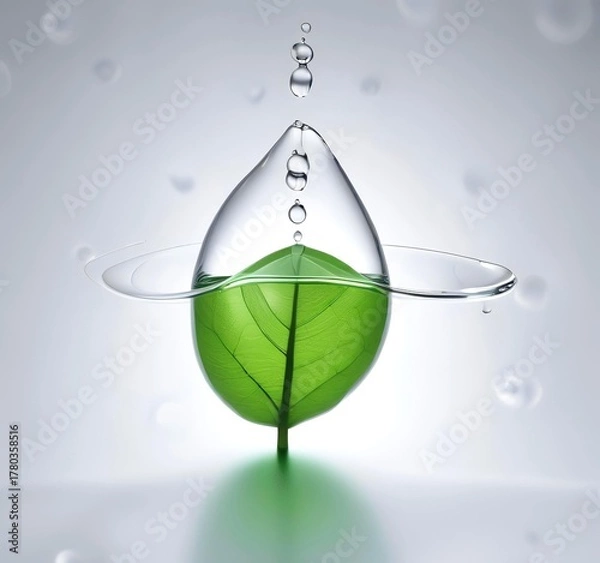 Obraz A single green leaf floating on a drop of water shaped like a fuel droplet