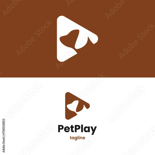 Fototapeta Modern pet logo design featuring playful dog silhouette inside a play button for branding success