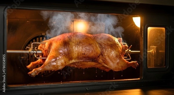 Fototapeta A whole goat roasting on a rotisserie spit inside a hot convection oven.