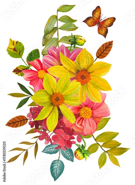 Obraz Red, pink, yellow dahlias. Arrangement of bright dahlias, leaves. Hand drawn watercolor illustration.