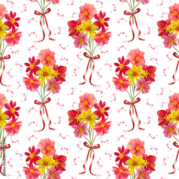 Obraz Seamless floral autumn pattern with bouquets of vibrant dahlias, red bows. Hand drawn watercolor illustration.