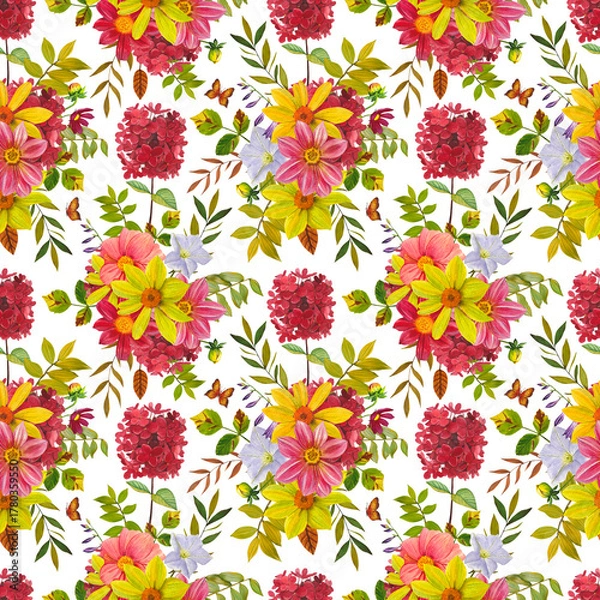 Obraz Seamless floral  pattern with vibrant yellow, red dahlias, leaves. Hand drawn watercolor illustration.