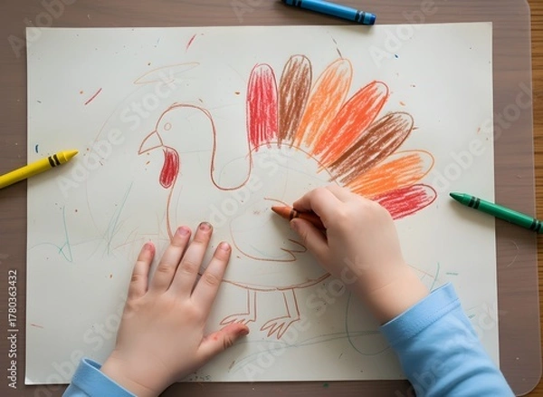 Obraz A child's hands coloring a turkey drawing with crayons on a white paper sheet.
