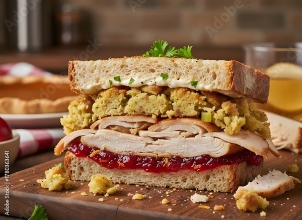 Obraz A delicious Thanksgiving leftover sandwich with sliced turkey, stuffing, and cranberry sauce on a wooden cutting board.