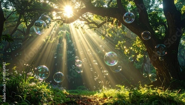 Fototapeta Sunlight streams through trees with colorful bubbles floating in a serene forest scene