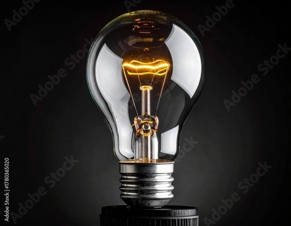 Fototapeta Light bulb glowing brightly against dark background showcasing vintage design and warm light