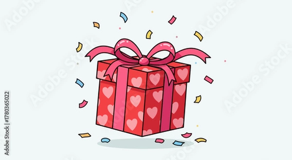 Fototapeta Festive Gift Box with Hearts and Ribbon Surrounded by Confetti.