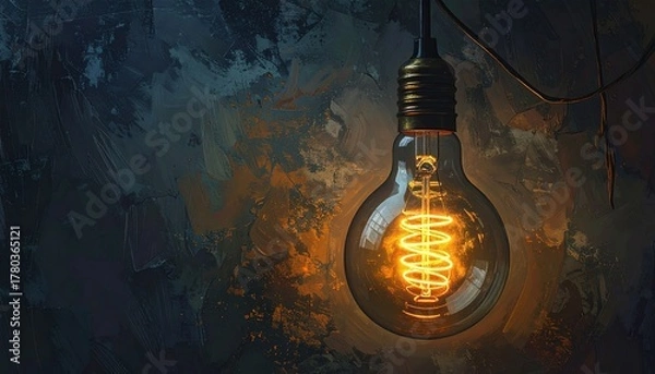 Fototapeta Light bulb glowing brightly in a dark setting with artistic background details