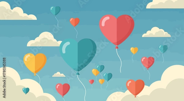 Fototapeta Heart-shaped balloons floating in a blue sky with clouds.