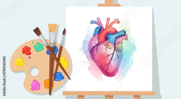 Fototapeta Anatomical Heart Watercolor Painting on Easel with Palette and Brushes.