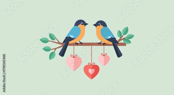 Fototapeta Two birds perched on a branch with hanging hearts.